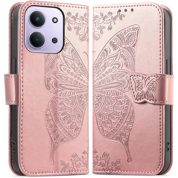 Flip case for Xiaomi Redmi 15C 4G/LTE, Butterfly, pink rose gold