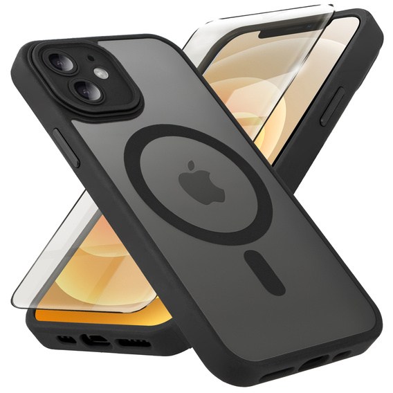 Case for iPhone 12, for MagSafe, ERBORD Matt Case, black + Screen Glass