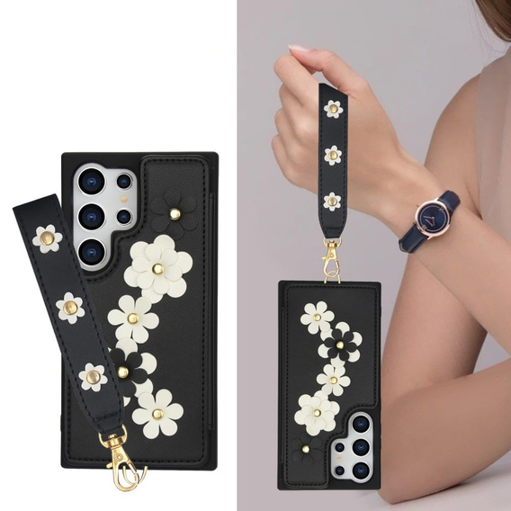 Case for Samsung Galaxy S25 Ultra, Leather Flower Card Slot, black