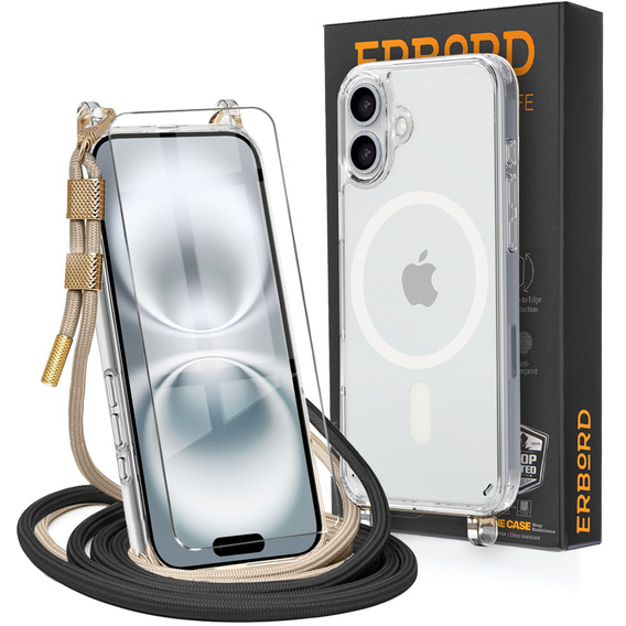 Case with lanyard for iPhone 16, ERBORD MagSafe, transparent + Glass for screen
