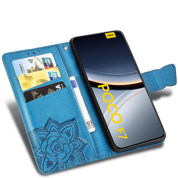 Flip case for Xiaomi Poco F7, Butterfly, blue