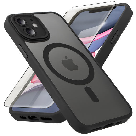 Case for iPhone 11, for MagSafe, ERBORD Matt Case, black + Screen Glass