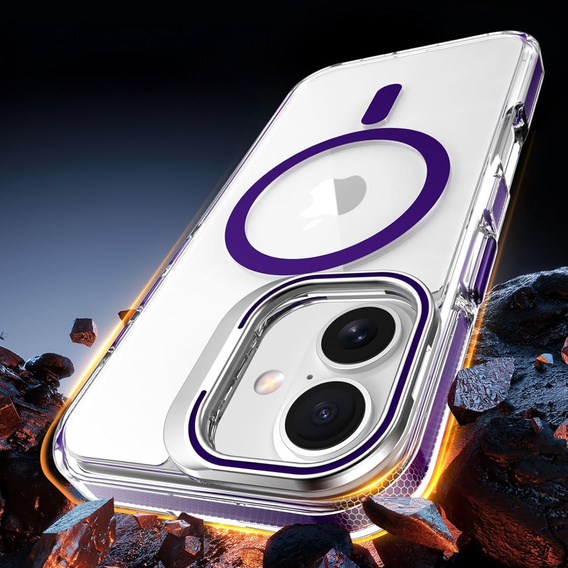 Case for iPhone 17, for MagSafe, with stand, transparent with purple inserts