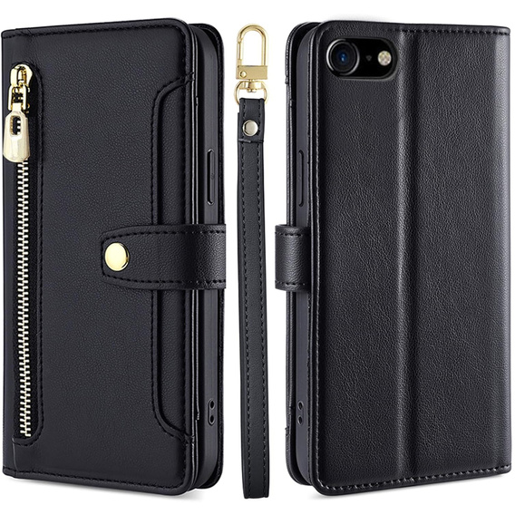 Flip case for iPhone 16E, Wallet Zipper Pocket, black