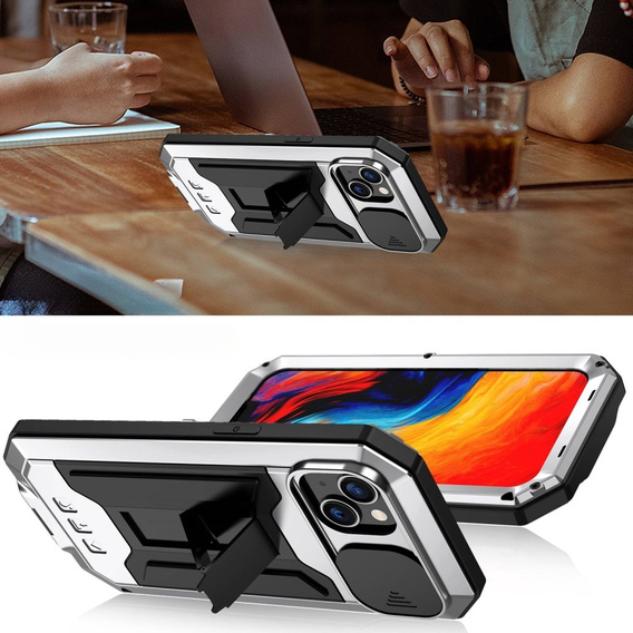 Case for iPhone 14, R-JUST CamShield Slide, armoured, silver / black
