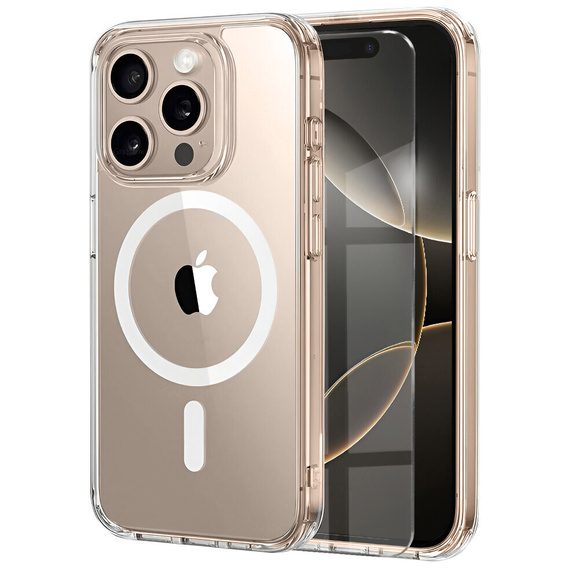 MagSafe Magnetic Case for iPhone 16 Pro Max, ERBORD CrystalMag, transparent + Glass for screen