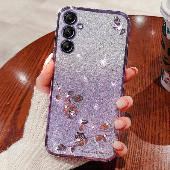 Case for Samsung Galaxy A15, Glitter Flower, purple + 9H glass