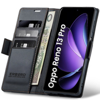 Case for Oppo Reno 13 Pro, ERBORD Glossy Litchi, wallet with flap, black