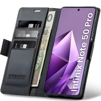 Case for Infinix Note 50 Pro, ERBORD Glossy Litchi, wallet with flap, black