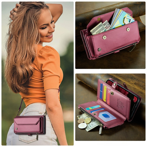 Case CASEME for iPhone16e, RFID Leather Wallet, with shoulder strap, red