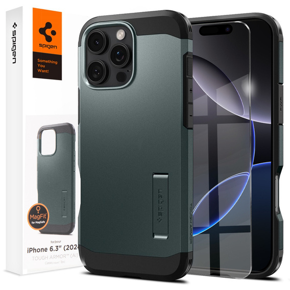 Spigen case for iPhone 16 Pro, Tough Armor Mag MagSafe, green + 9H Tempered Glass