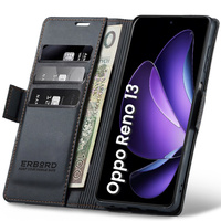 Case for Oppo Reno 13, ERBORD Glossy Litchi, wallet with flap, black