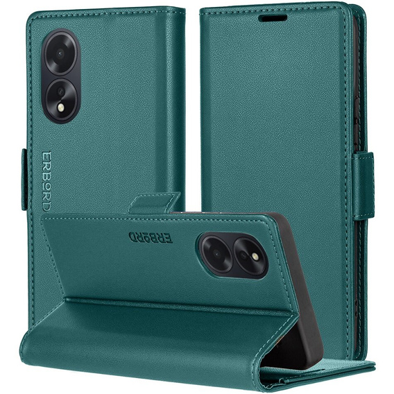 Case for Oppo A60, ERBORD Glossy Litchi, wallet with flap, green