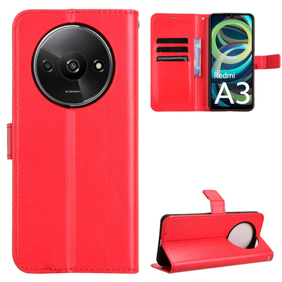 Flip case for Xiaomi Redmi A3, Crazy Horse Wallet, red