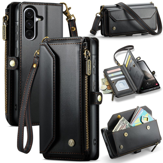 Case CASEME for Samsung Galaxy A56 5G, RFID Leather Wallet, with shoulder strap, black