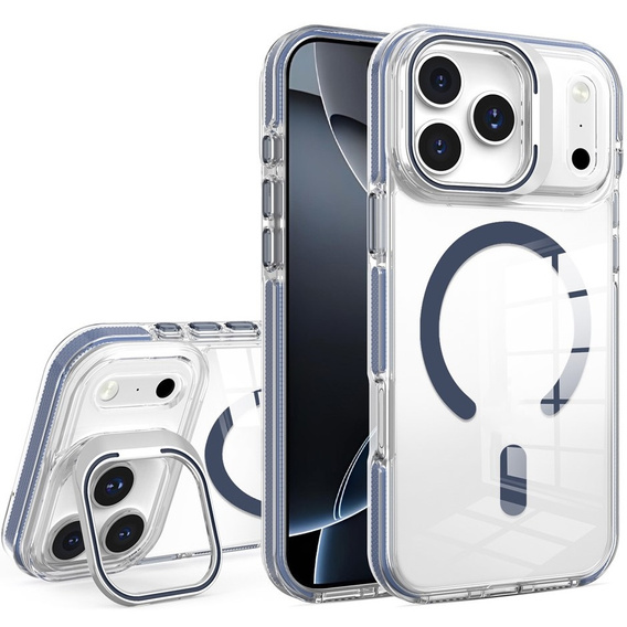 Case for iPhone 17 Pro Max, for MagSafe, with stand, transparent with navy blue inserts