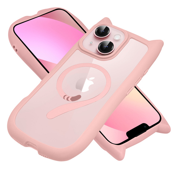 Case for iPhone 13 / iPhone 14, for MagSafe, Cute Cat, pink + Screen Glass