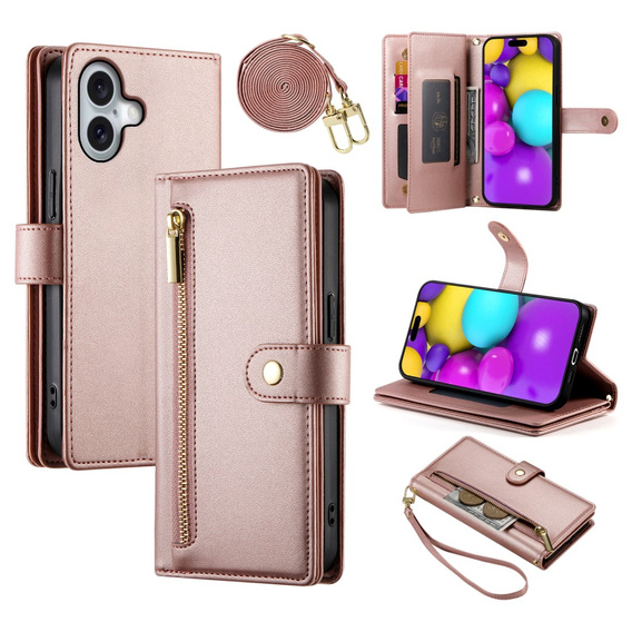 Flip case for iPhone 16 Plus, Wallet Zipper Pocket, pink