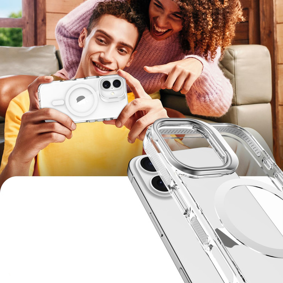 Case for iPhone 17, for MagSafe, with stand, transparent with grey inserts