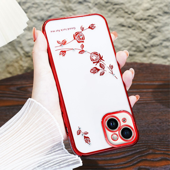 Case for iPhone 15, Glitter Flower, red