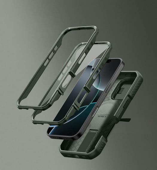 Armored case for iPhone 16 Pro, Dexnor CamProtect MagSafe, green (Two frames)