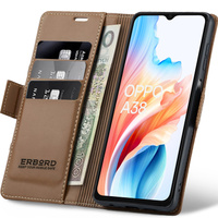 Case for Oppo A18 4G / A38 4G, ERBORD Glossy Litchi, wallet with flap, brown