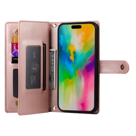 Flip case for iPhone 16 Pro Max, Wallet Zipper Pocket, pink