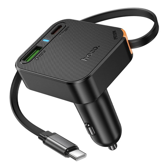 Hoco car charger with triple output and retractable 65 W USB-C cable