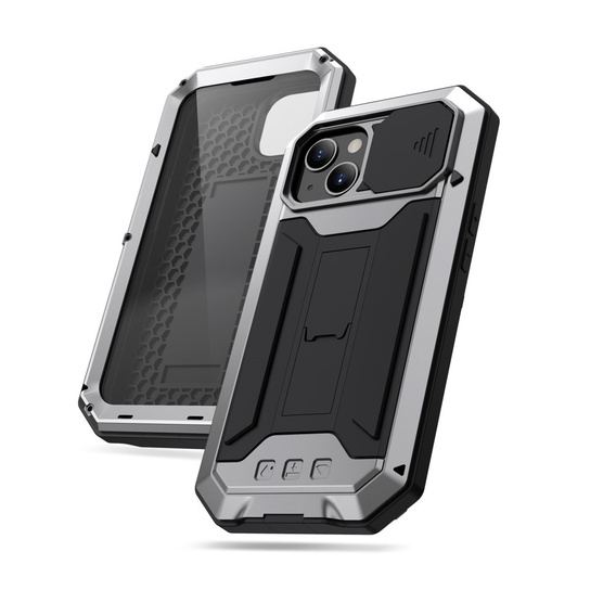 Case for iPhone 13, R-JUST CamShield Slide, armoured, silver / black