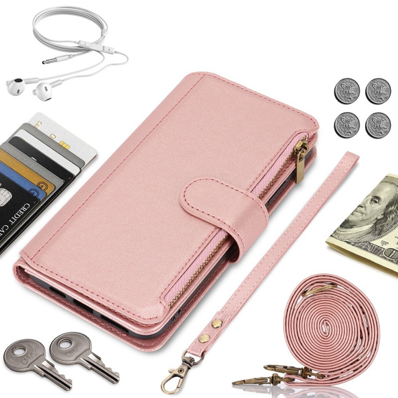 Flip case for Samsung Galaxy S24 Ultra, Wallet Zipper Pocket RFID, with shoulder strap, black