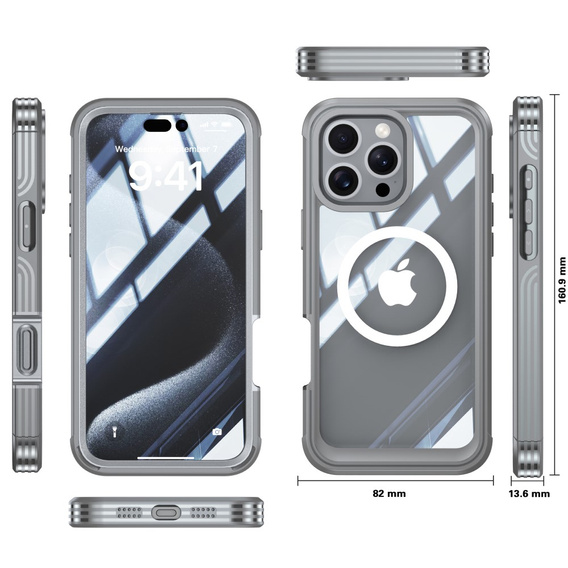 Case for iPhone 16 Pro, Shockproof, with glass, for MagSafe, grey
