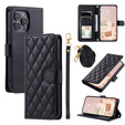 Flip case for iPhone 16 Pro, Rhombus Crossbody Leather, black