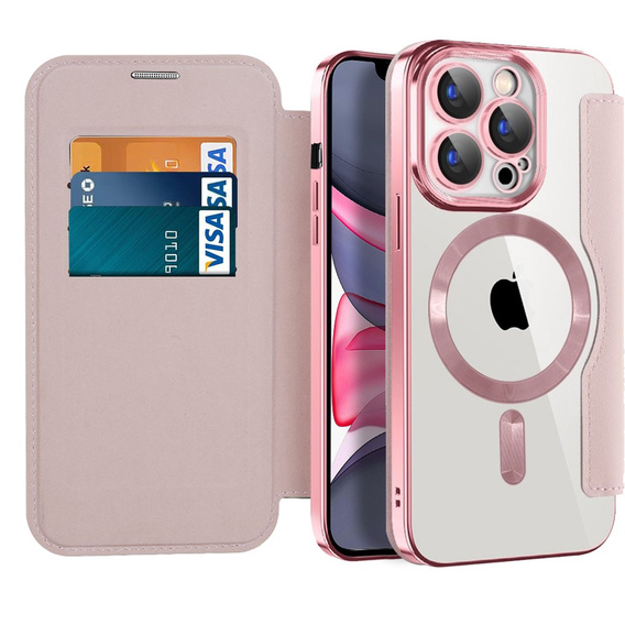 Flip case for iPhone 15 Pro, RFID Wallet MagSafe CamShield, pink