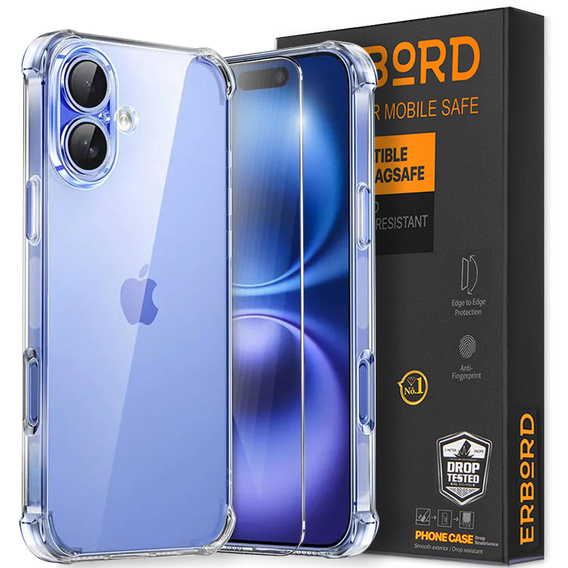 Case for iPhone 16, Erbord Dropproof, transparent + Glass