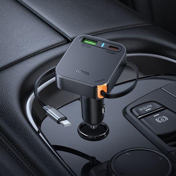 Hoco car charger with triple output and retractable 65 W USB-C cable