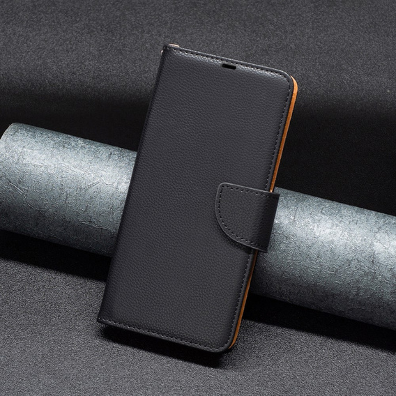 Flip case for Samsung Galaxy A25 5G, Wallet Litchi Leather, black + 9H glass
