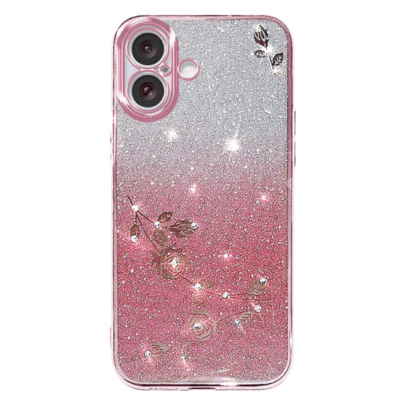 Case for iPhone 16 Plus, Glitter Flower, pink rose gold