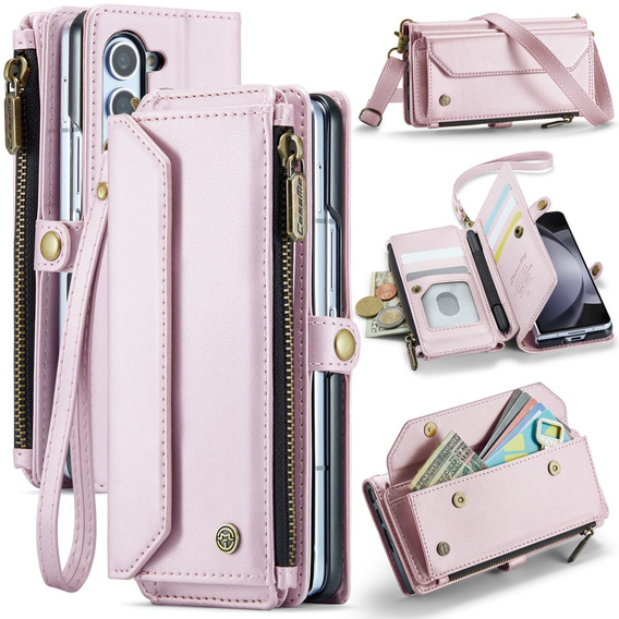 Case CASEME for Samsung Galaxy Z Fold6 5G, RFID Leather Wallet, with shoulder strap, pink