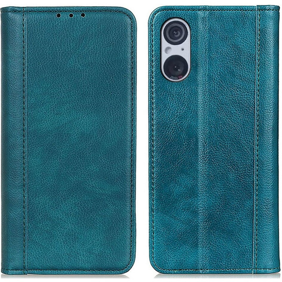 Case for Sony Xperia 5 V, Wallet Litchi Leather, green