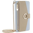 Flip case for iPhone 15 Pro Max, Wallet Zipper Pocket, with mirror, blue