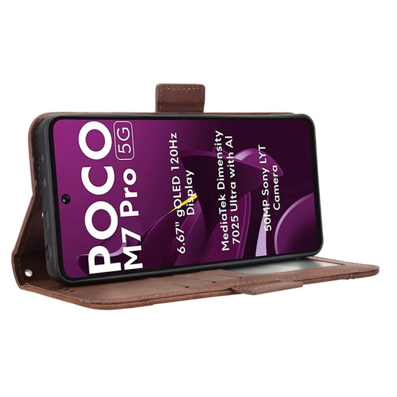 Flip case for Xiaomi Poco M7 Pro 5G, Card Slot, brown