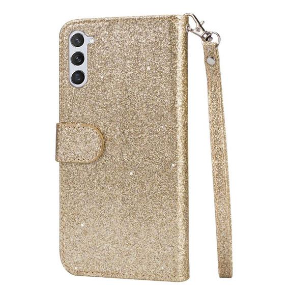 Flip case for Samsung Galaxy S24, Wallet Zipper Pocket Glittery, gold