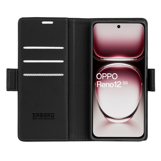 Case for Oppo Reno 12, ERBORD Glossy Litchi, wallet with flap, black