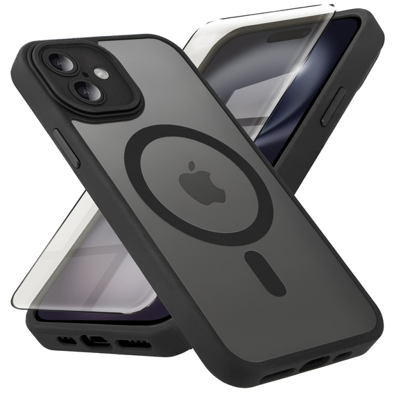 Case for iPhone 16 Plus, for MagSafe, ERBORD Matt Case, black + Screen Glass