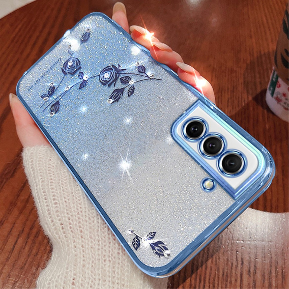 Case for Samsung Galaxy S21 FE, Glitter Flower, blue