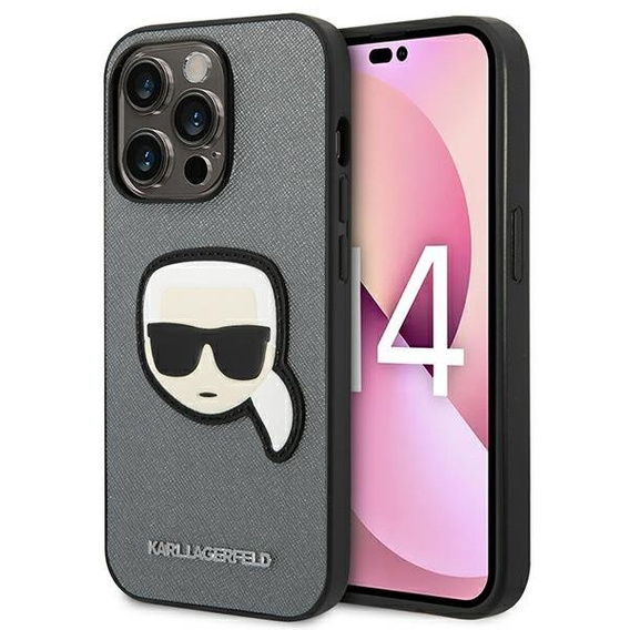Karl Lagerfeld Case for iPhone 14 Pro Max, Saffiano Karl's Head Patch, silver