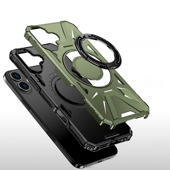 Case for iPhone 16, armored with stand and handle plate, green