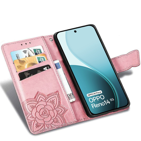 Flap case for Oppo Reno 14, Butterfly, wallet, rose gold