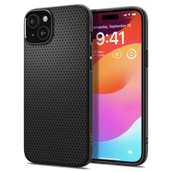 Spigen case for iPhone 15, Liquid Air, black + 9H Tempered Glass