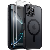 Case for iPhone 16 Pro, for MagSafe, ERBORD Matt Case, black + Screen Glass